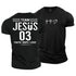Black t-shirt with 'Team Jesus 03' design on front and heart and cross symbol on back